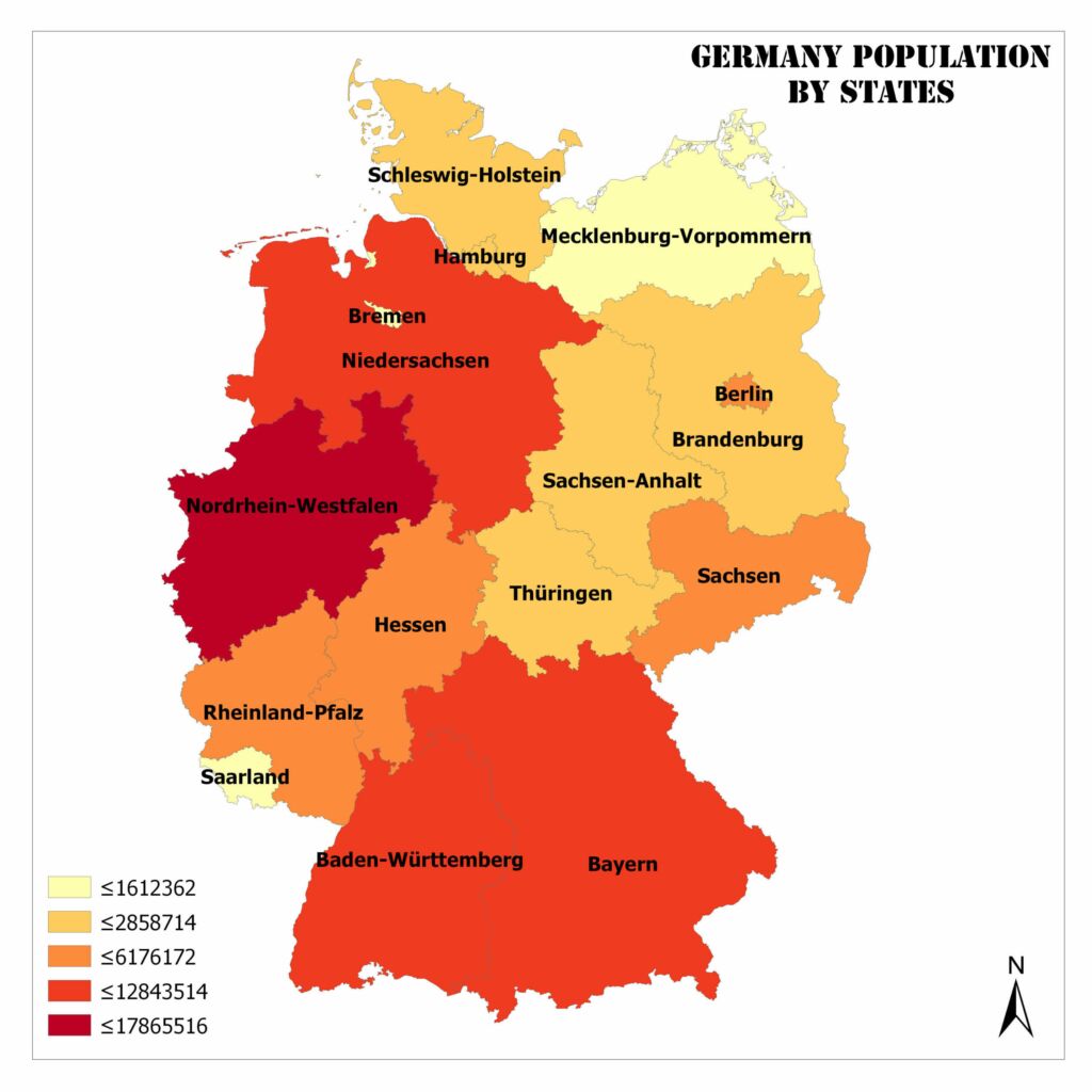 خارطة توضح عدد سكان ألمانيا في الولايات