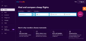 لقطة شاشة لواجهة موقع Momondo لتذاكر الطيران
