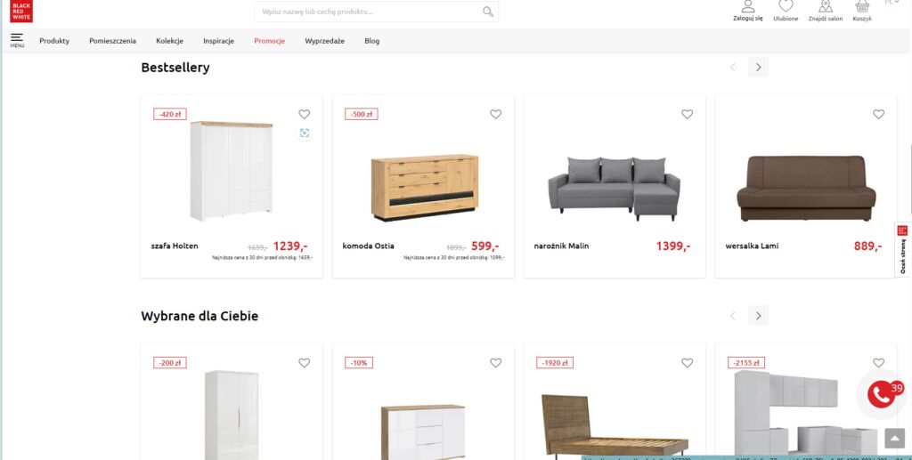 لقطة شاشة- واجهة موقع Black Red White لبيع الأثاث في بولندا