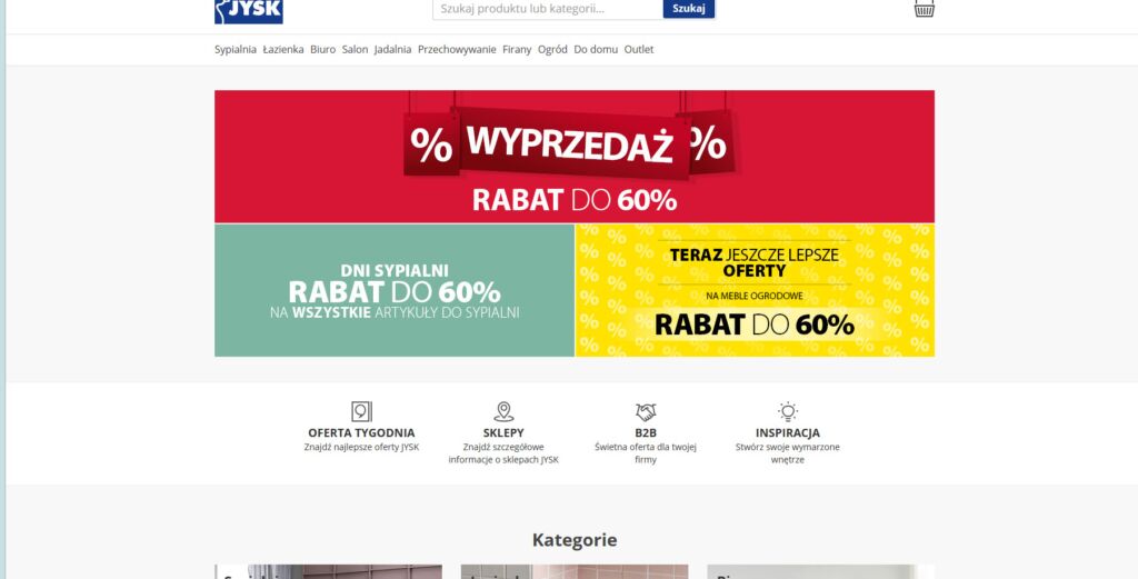 لقطة شاشة - واجهة موقع JYSK Poland لبيع الاثاث في بولندا