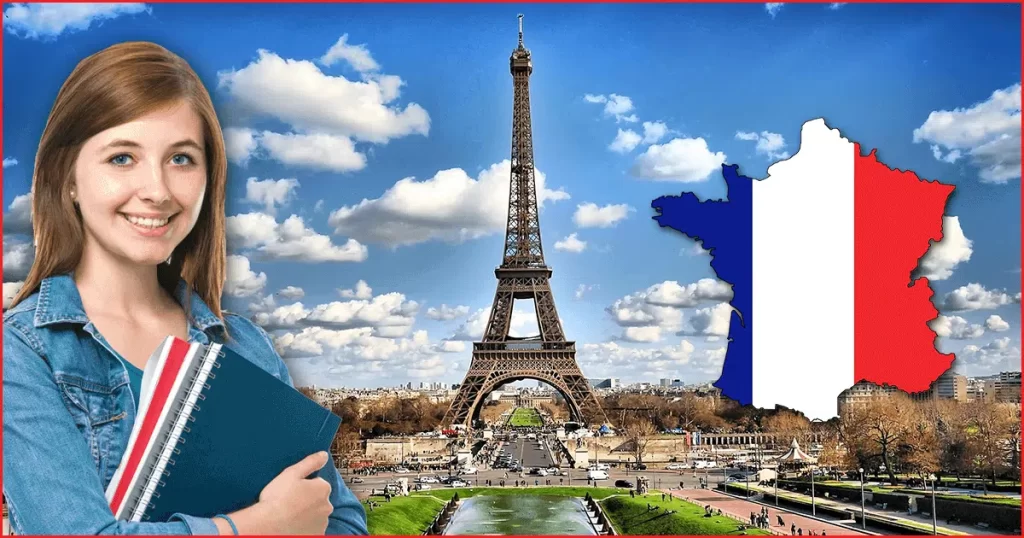 برج إيفل في فرنسا وصورة طالبة علم تحمل كتب دراسية