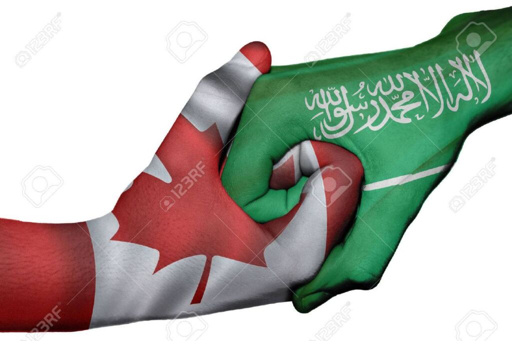 يدين متماسكتين رسم على إداهما علم السعودية والأخرى علم كندا ضمن برنامج الهجرة إلى كندا من السعودية