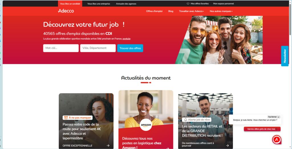 واجهة موقع Adecco للبحث عن عمل في فرنسا