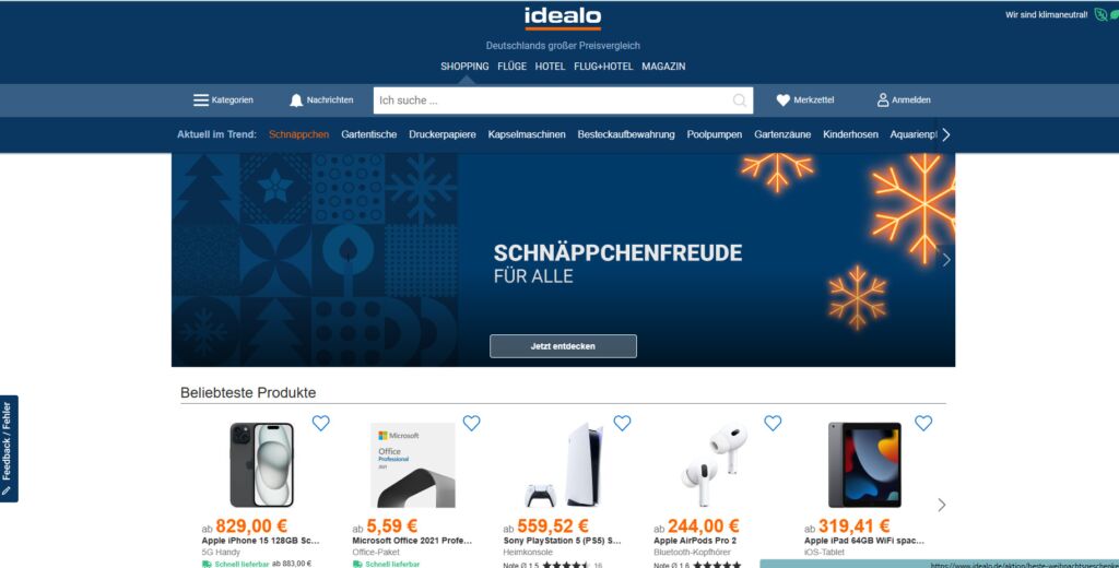 واجهة موقع أيدل idealo من أشهر المواقع الالكترونية في ألمانيا
