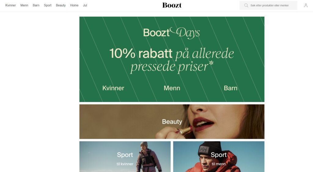  واجهة موقع متجرBoozt في النرويج 