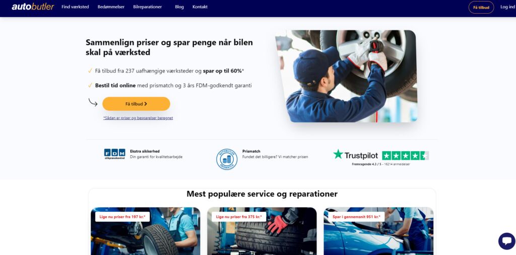 واجهة موقع Autobutler في الدنمارك لبيع قطع تبديل السيارات