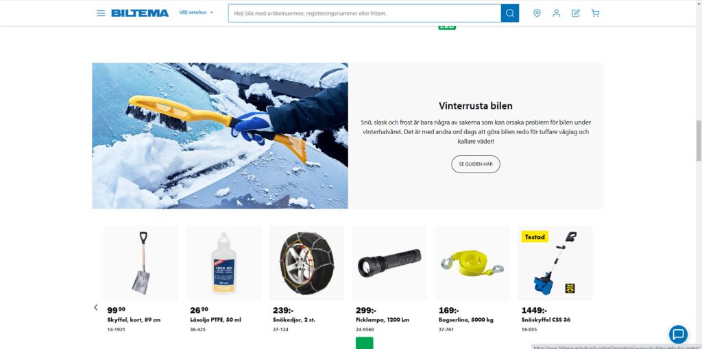 واجهة موقع Biltema لعرض غيار السيارات في السويد 