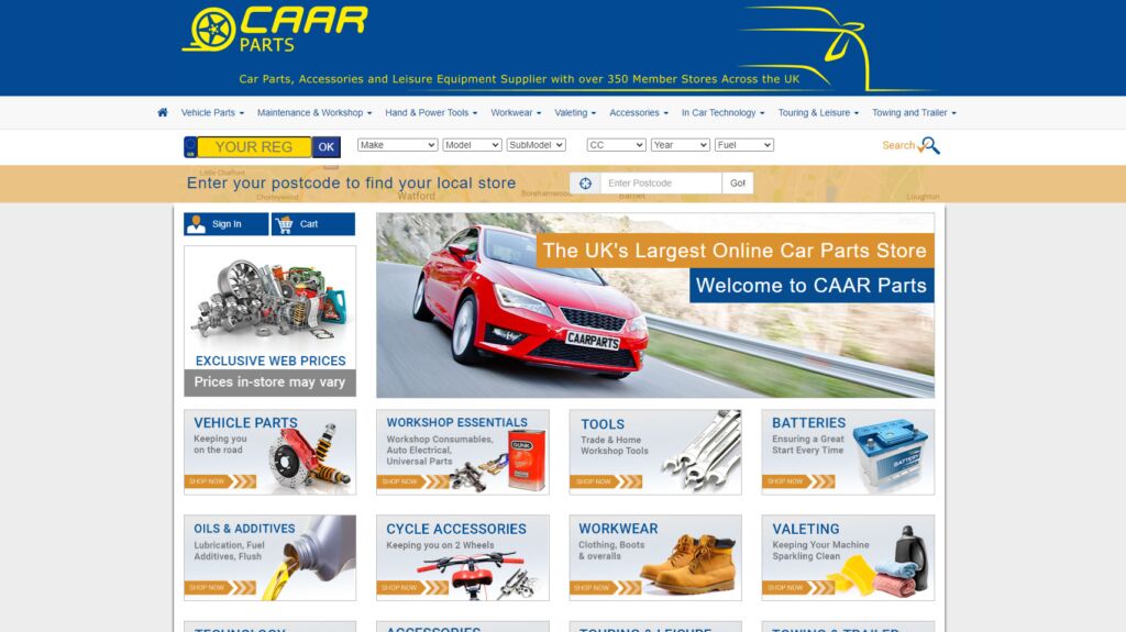 واجهة موقع CarParts لبيع قطع تبديل المركبات في بريطانيا