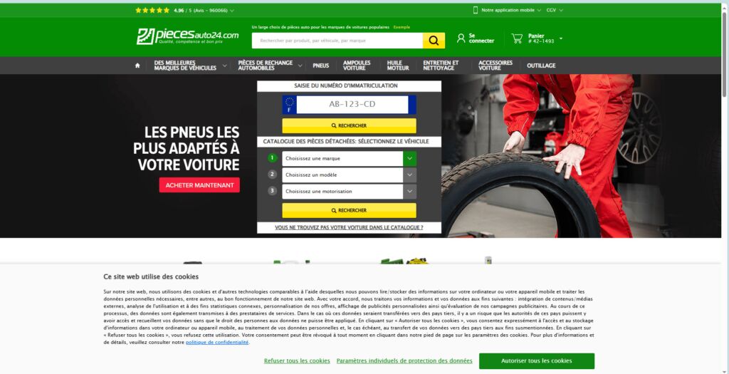 واجهة موقع Piecesauto24 لبيع قطع غيار السيارات في فرنسا