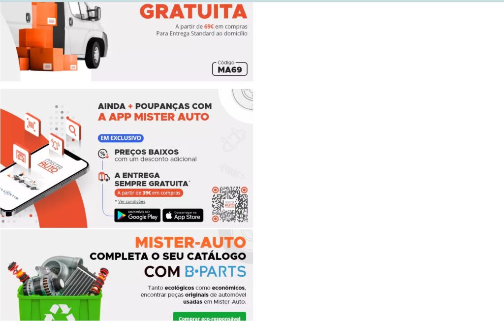 لقطة شاشة- واجهة موقع تبديل قطع غيار السيارات Mister-Auto.pt في البرتغال
