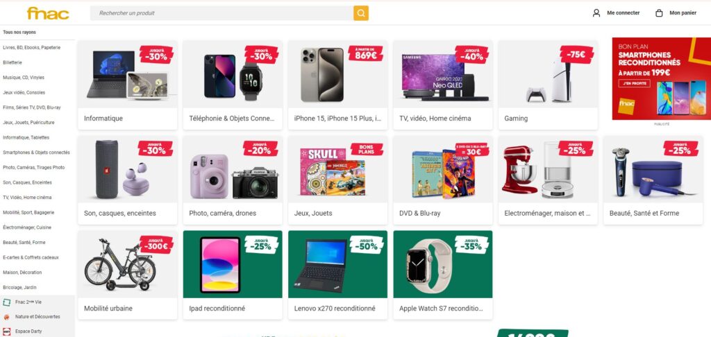 لقطة شاشة - واجهة موقع فناك Fnac لبيع الأجهزة الكهربائية والإلكترونية في البرتغال 