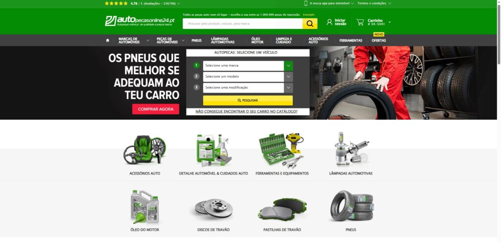 لقطة شاشة- واجهة موقع AutoPecasOnline24 لشراء قطع تبديل المركبات في البرتغال