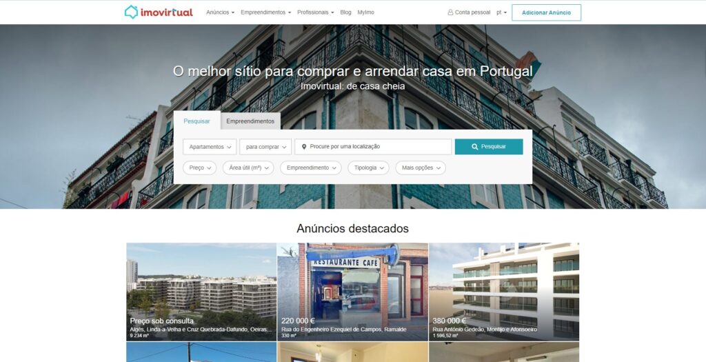 لقطة شاشة لواجهة  موقع اموفيرتوال لشراء واستئجار منزل في البرتغال Imovirtual