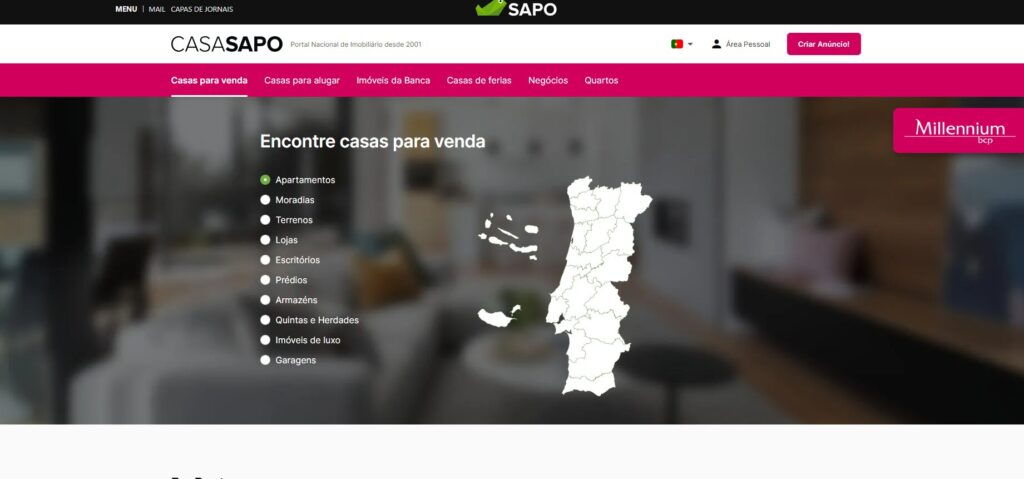 لقطة شاشة لواجهة موقع كاسا سابو Casa Sapo لتأجير وبيع البيوت في البرتغال