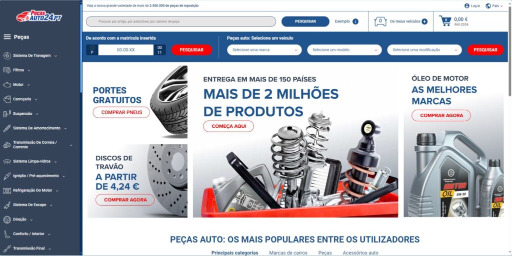 ‏‏لقطة الشاشة- واجهة موقع PecasAuto24 لبيع غيار السيارات في البرتغال